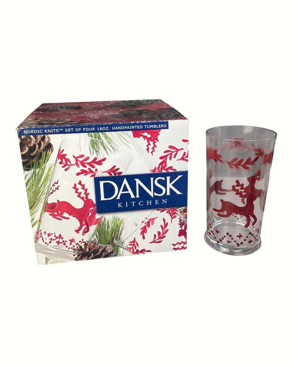 Dansk Nordic Knits Set Of 4 Hand Painted 18 Oz. Tumblers W/ Reindeer & Pine